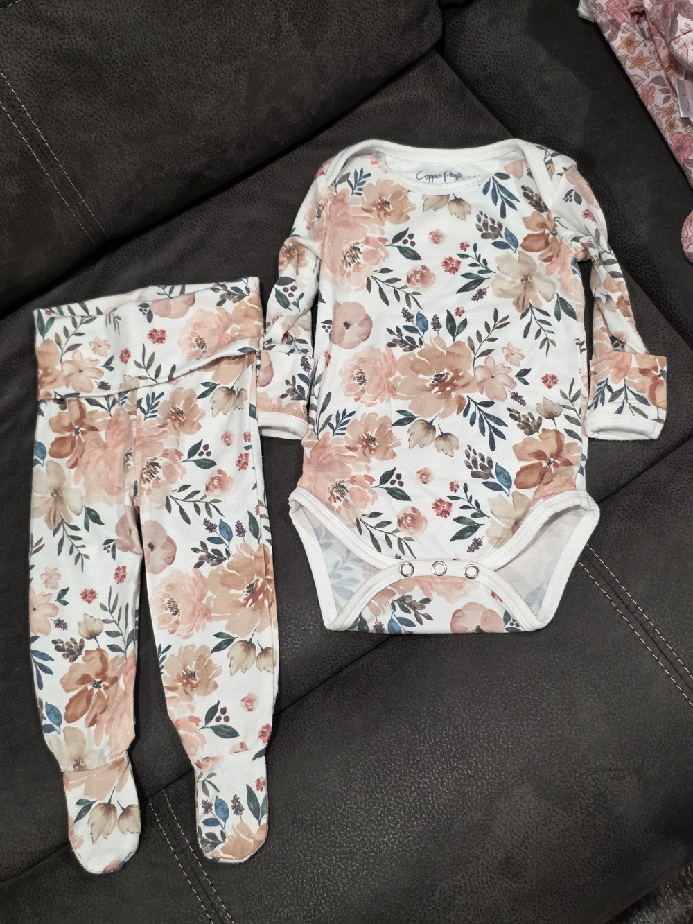 Floral Long Sleeve Bodysuit, Footed Pants & Matching Headwrap - Autumn